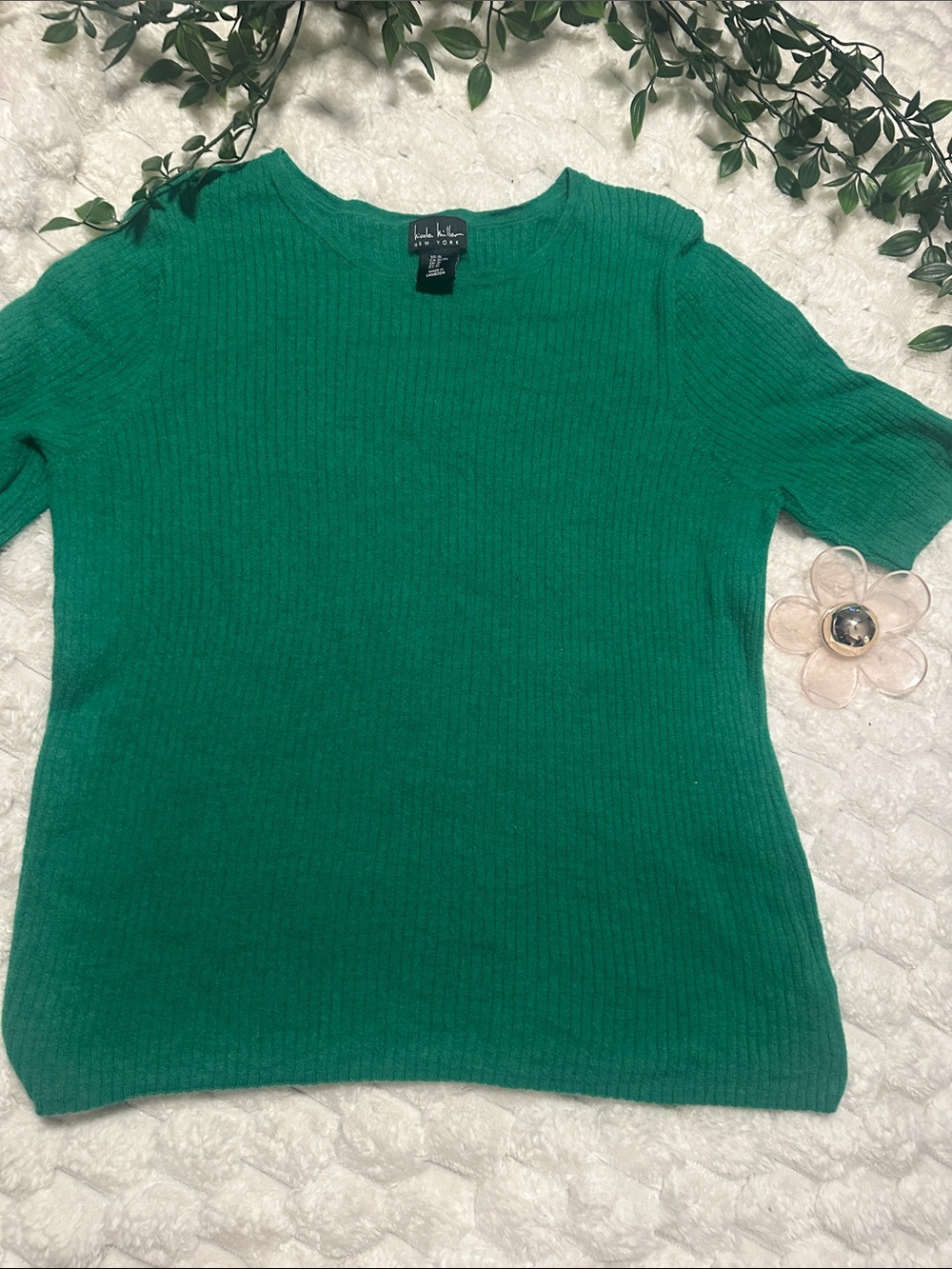 Nicole Miller Emerald Green Ribbed Short Sleeve Crewneck Sweater